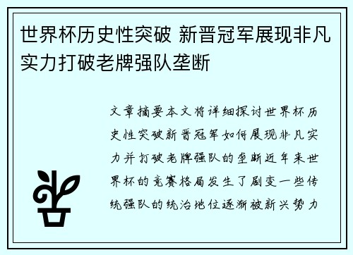 世界杯历史性突破 新晋冠军展现非凡实力打破老牌强队垄断