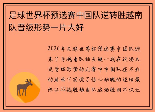 足球世界杯预选赛中国队逆转胜越南队晋级形势一片大好
